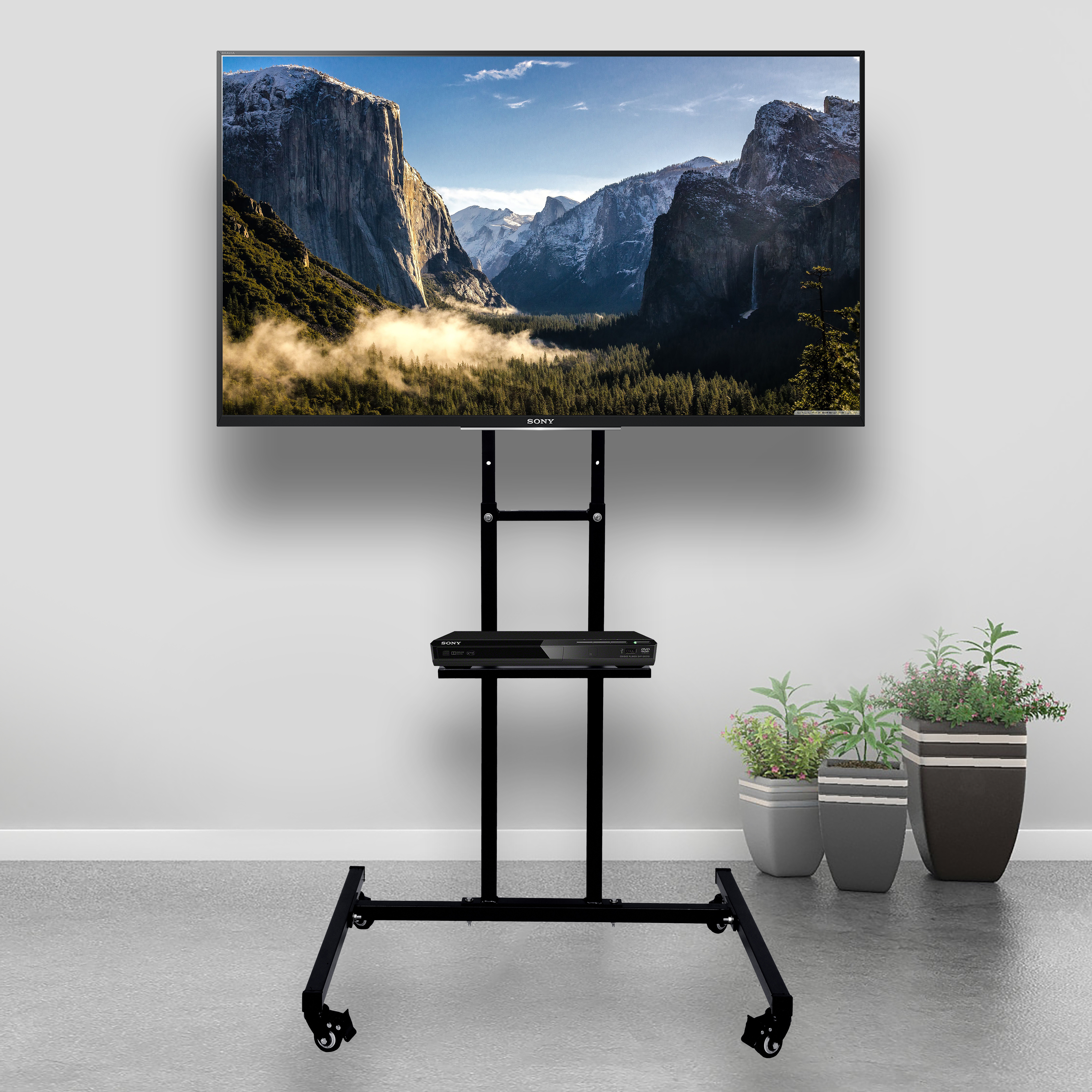 D&V ENGINEERING Metal Mobile TV Stand on Wheels for 32-55 Inch Flat/Curved Panel Screens TVs - Height Adjustable Floor Trolley Stand Holds up to 58 Kg, (Design 1)